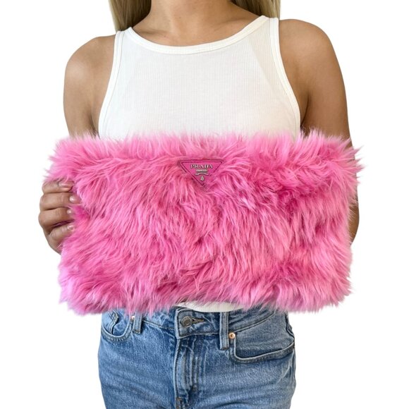 PRADA Vintage Logo Faux Fur Clutch Bag Pelliccia Zip Pink Silver [106049] - Picture 2 of 11